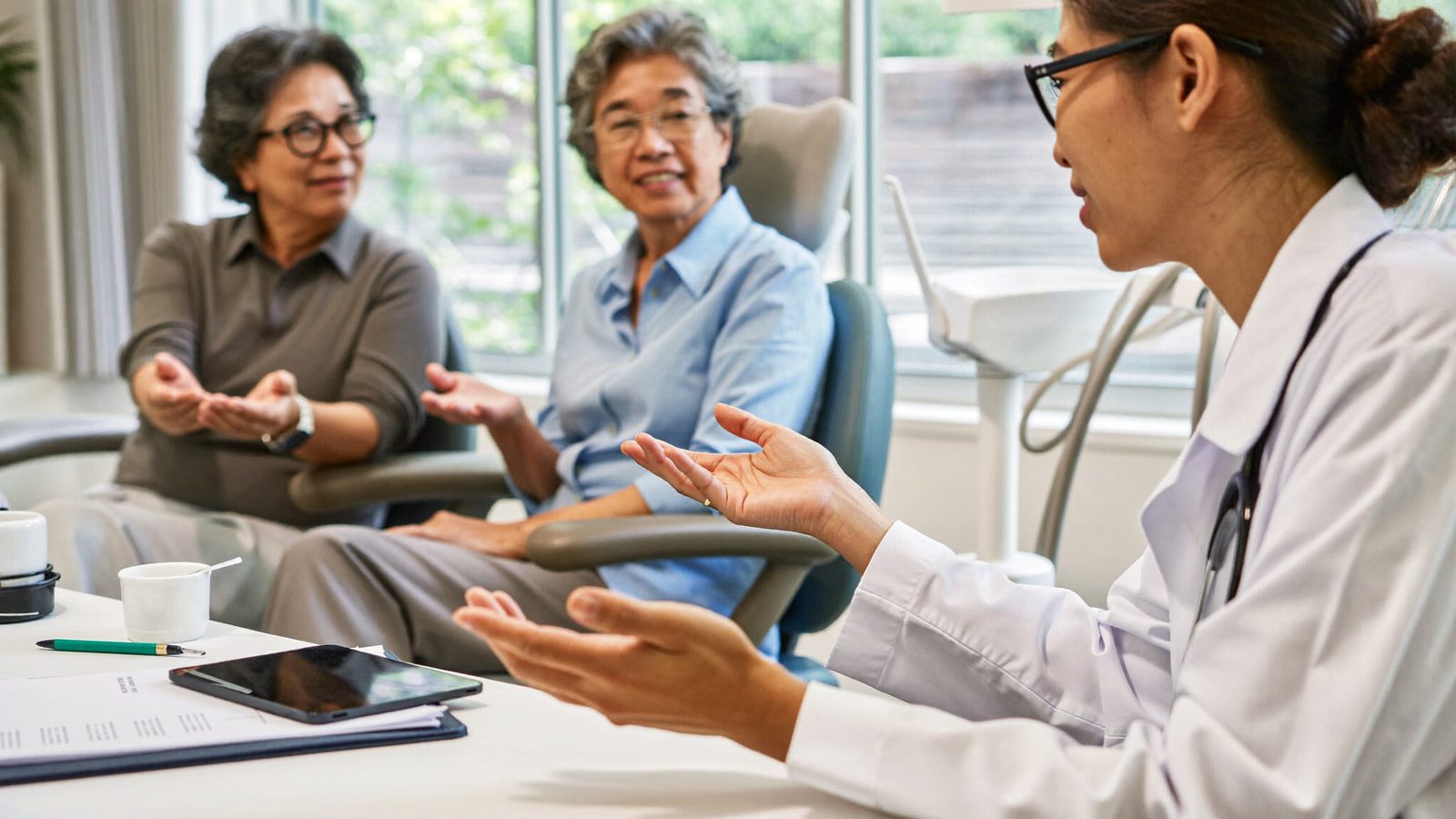 Dentist explaining dental treatment costs and CHAS subsidies to a patient in Singapore