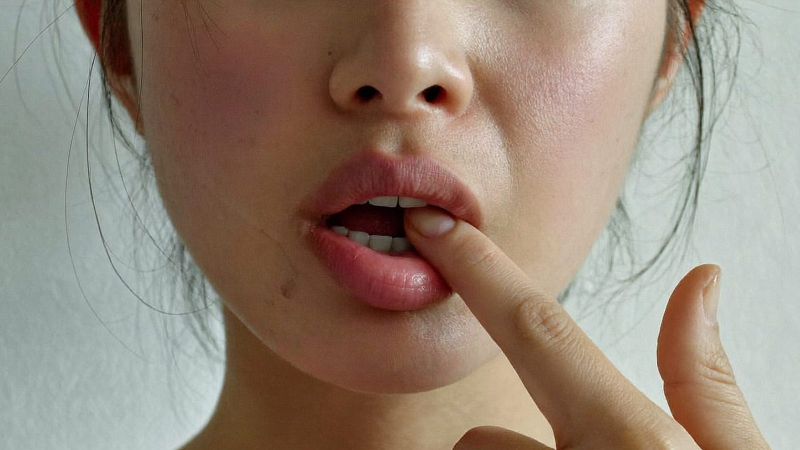 Person checking the inside of their mouth in a hand mirror for spots and sores