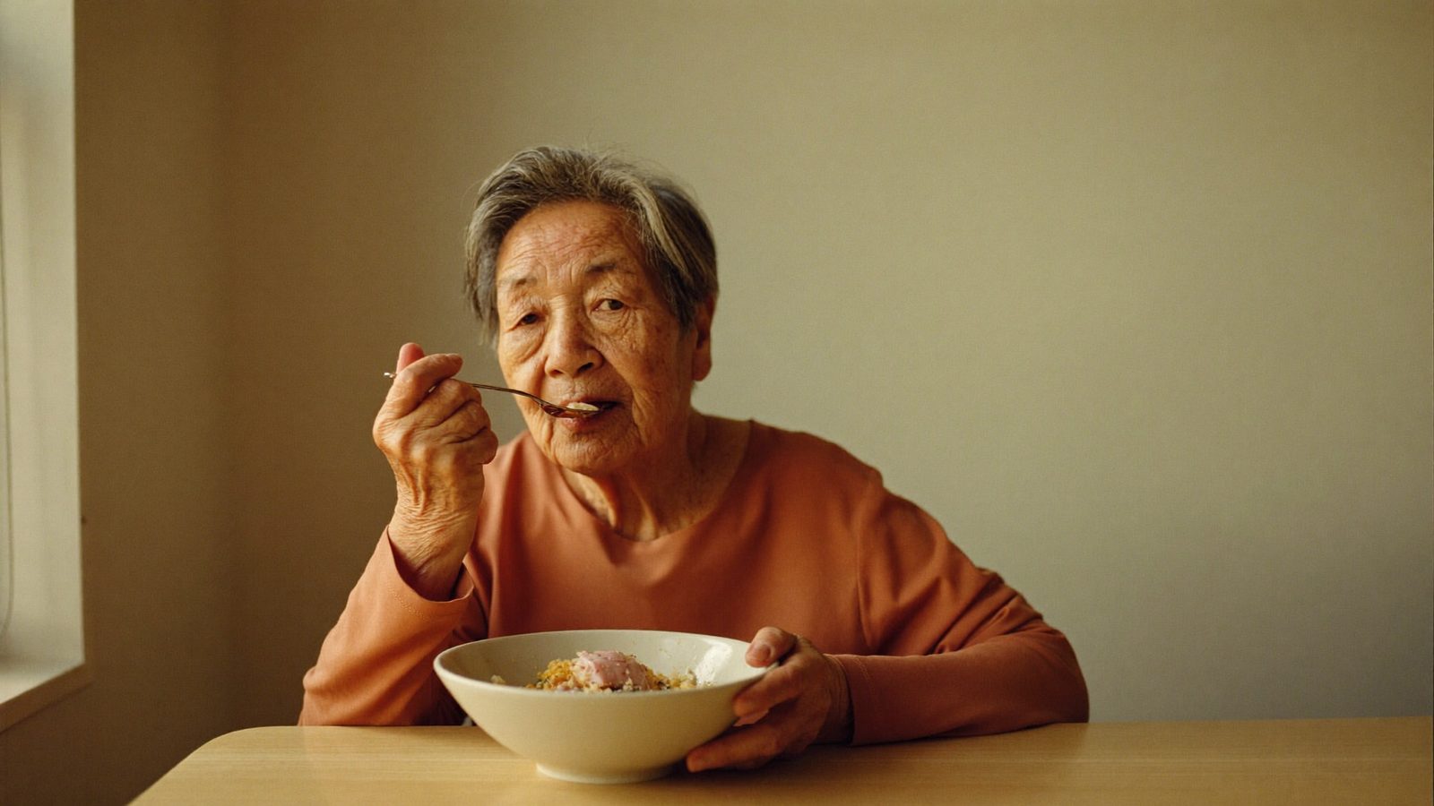 An older Singaporean woman eating a meal comfortably at home
